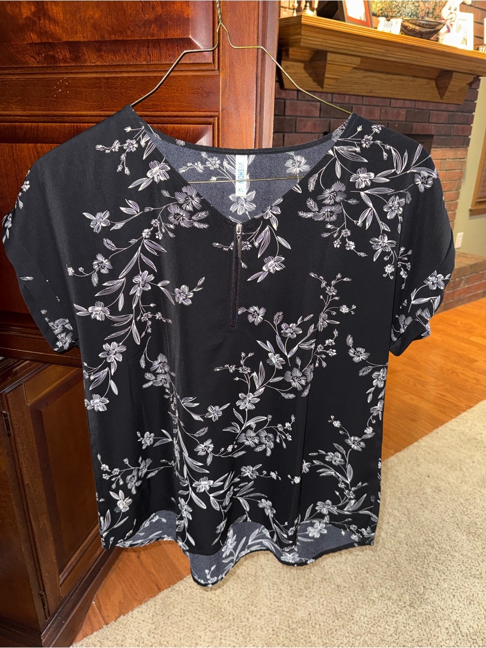 Black Floral Short-Sleeve V-Neck Blouse